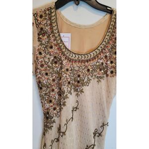 Indian‎ Anarkali Pakistani Midi Dress Red Gold Beige Beaded Sequin Layered New
